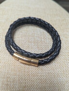 Braided Double-Wrap Leather Bracelet with Gold-Tone Clasp By Canadian Jeweller